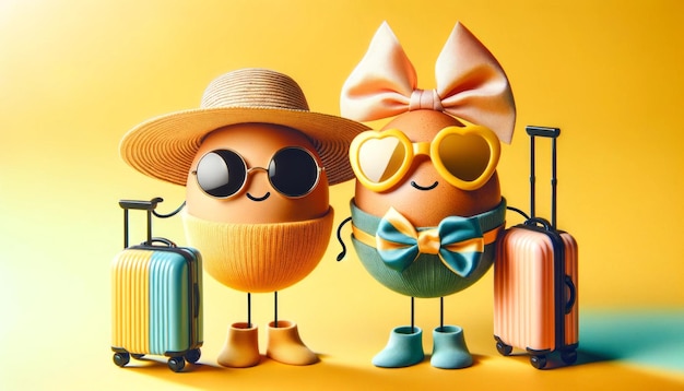 Des œufs de Pâques avec des lunettes de soleil et des bagages sur la plage