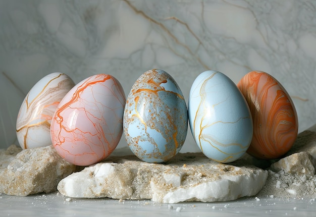 Des œufs de Pâques marbrés sur une dalle de pierre
