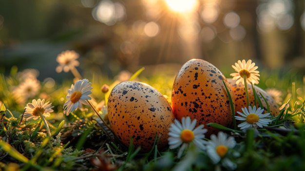 Des œufs de Pâques et des marguerites dans l'herbe