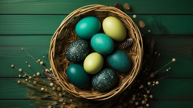 Des œufs de Pâques multicolores dans un panier sur un fond en bois noir Le concept d'une fête et d'un bonheur