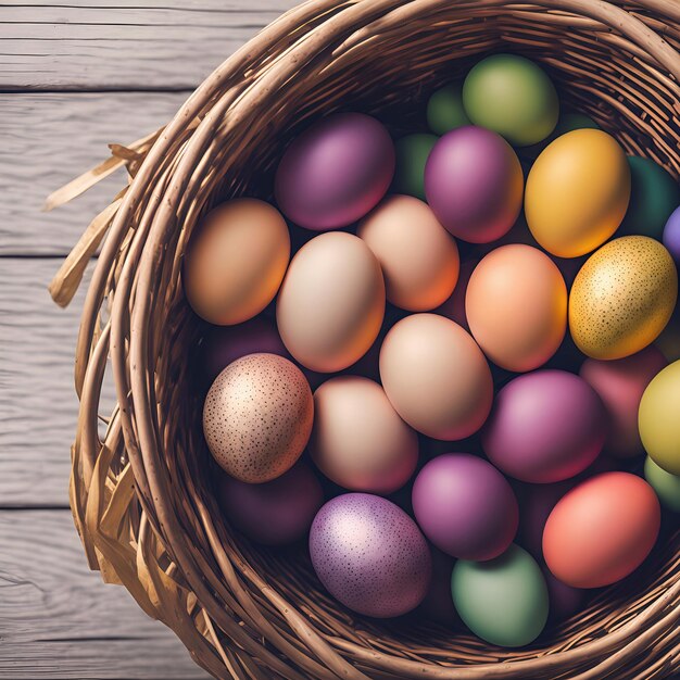 Oeufs de Pâques nichés dans un panier au-dessus d'une planche de bois créée grâce à la magie de l'IA générative