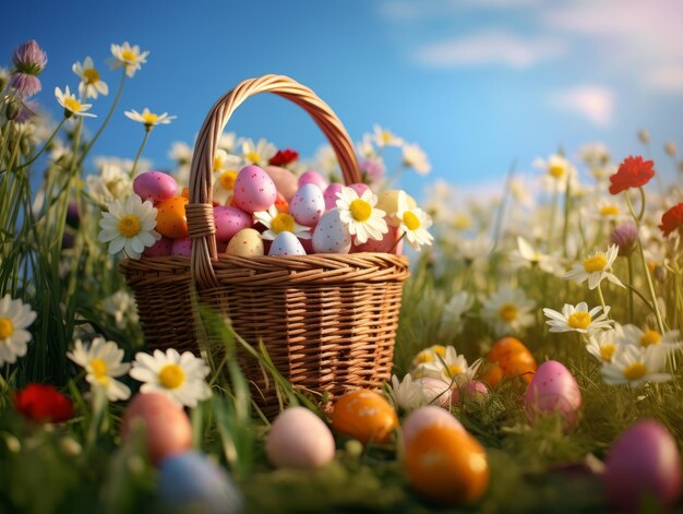 Photo des œufs de pâques, des nids et des fleurs en arrière-plan