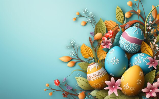 Des œufs de Pâques, des nids et des fleurs en arrière-plan