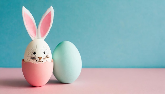 Des œufs de Pâques avec des oreilles de lapin sur un fond bleu pastel et rose