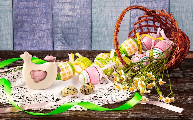 Oeufs de Pâques et un panier de fleurs sur une table