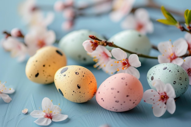 Des œufs de Pâques pastel et des fleurs de cerisier sur un fond turquoise