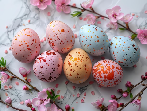 Des œufs de Pâques pastel et des fleurs de printemps