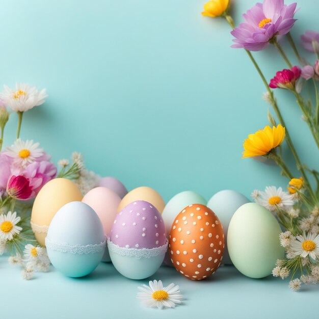 Des œufs de Pâques pastel avec des fleurs sauvages sur un fond de couleur pastel