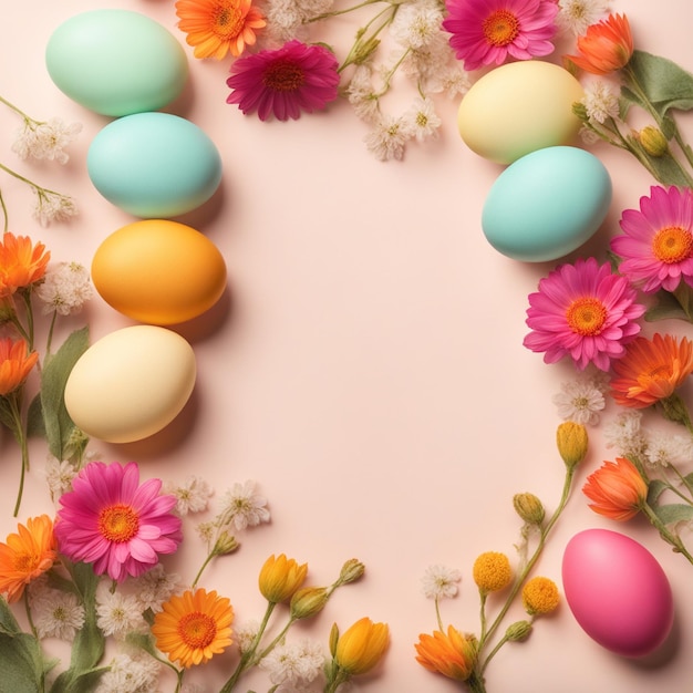 Des œufs de Pâques pastel avec des fleurs sauvages sur un fond de couleur pastel