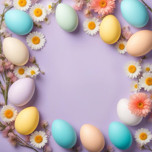 Des œufs de Pâques pastel avec des fleurs sauvages sur un fond de couleur pastel