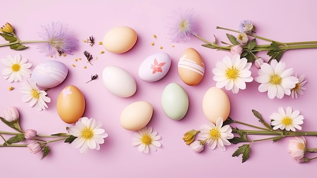 Oeufs de Pâques pastel IA générative avec des fleurs sur un fond délicat composition flatlay Illustration horizontale