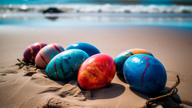 Oeufs de Pâques peints colorés sur la plage Generative AI