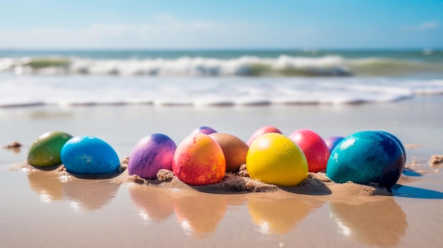 Oeufs de Pâques peints colorés sur la plage Generative AI