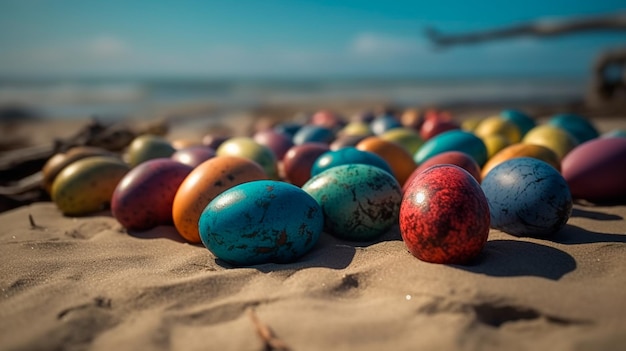 Oeufs de Pâques peints colorés sur la plage Generative AI