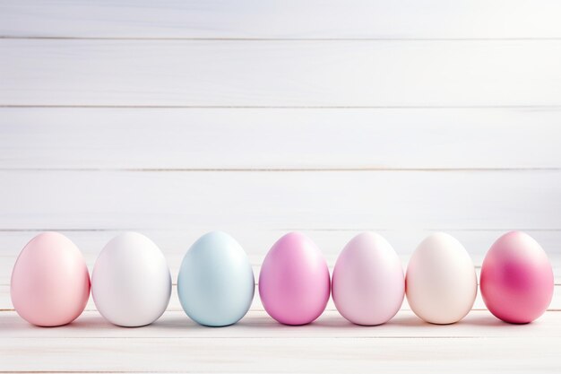 Des œufs de Pâques peints en couleurs pastel sur un fond blanc en bois