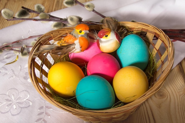 Oeufs de Pâques peints dans une assiette en osier sur laquelle s'asseoir des oiseaux jouets Le concept de célébrer Pâques