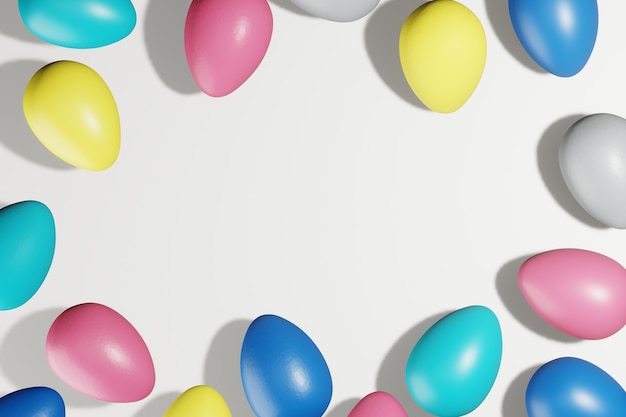 Oeufs de Pâques peints dans des couleurs à la mode 2021. Mise à plat, espace copie, rendu 3D