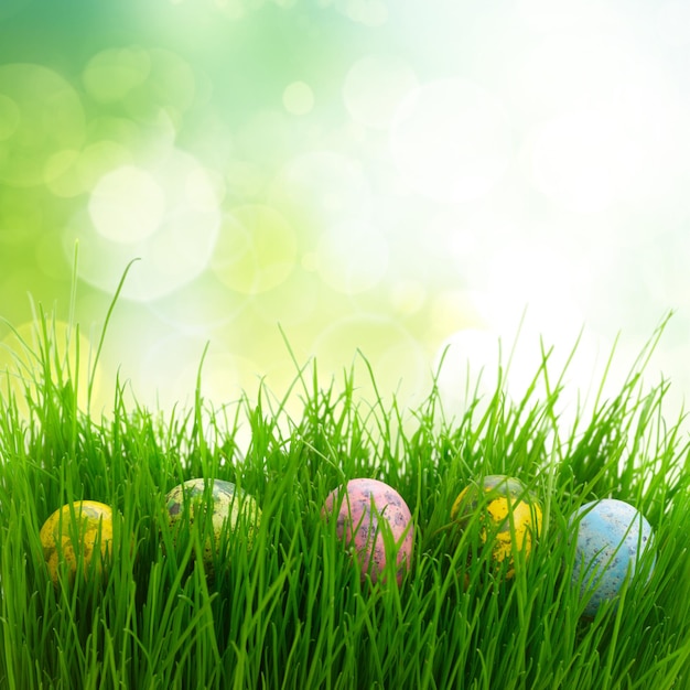 Oeufs de Pâques peints dans l'espace de copie d'herbe sur fond de jardin vert