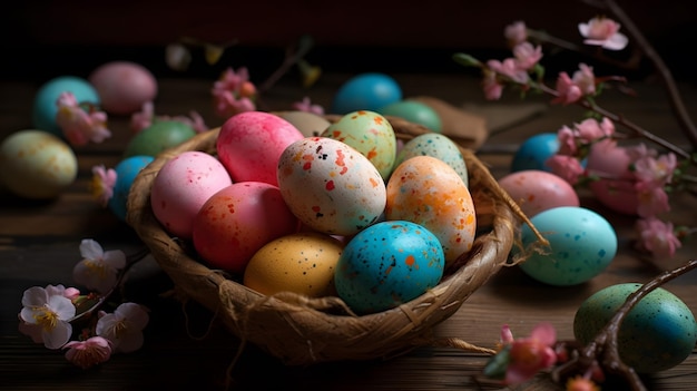 Oeufs de pâques peints dans le nid d'oiseau Concept de joyeuses pâques