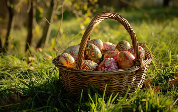 Des œufs de Pâques peints dans un panier sur l'herbe