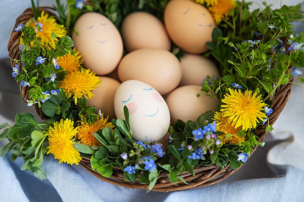 Oeufs de Pâques peints dans le panier