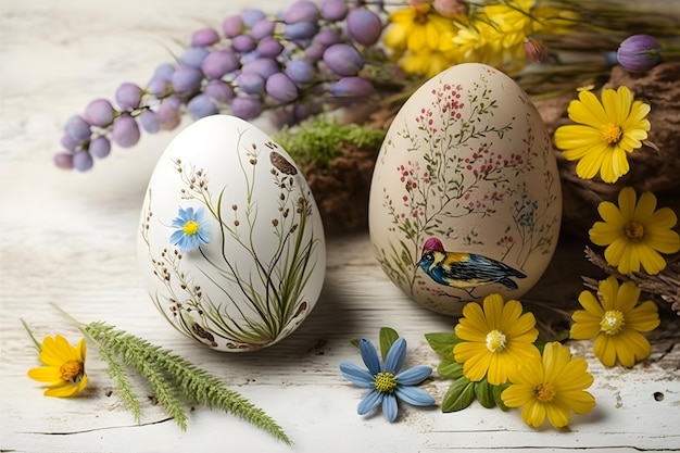 Oeufs de Pâques peints avec des fleurs de printemps sur une table en bois blanche Generative AI 3