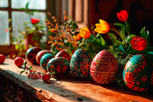 Des œufs de Pâques peints à la main et des fleurs de printemps disposés pour former une pièce maîtresse de la Pâque