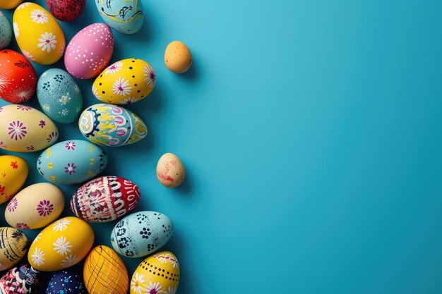 Des œufs de Pâques peints à la main sur un fond bleu vif