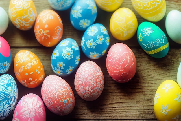 Oeufs de Pâques peints à la main sur fond de bois