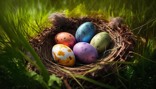 Oeufs de Pâques peints multicolores dans un nid sur une clairière de forêt dans l'herbe par une belle journée ensoleillée Composition de Pâques avec des oeufs de Pâques colorés dans un nid sur l'herbe verte