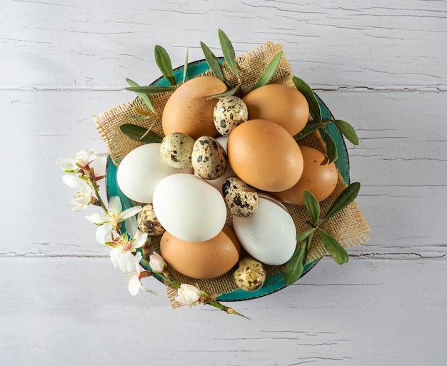 Oeufs de Pâques placés sur une assiette avec rameau d'olivier et feuilles d'amandier décorations de fête de Pâques