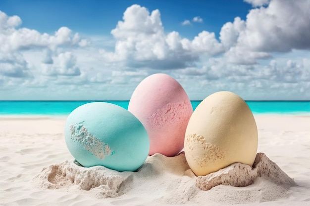 Oeufs de Pâques sur la plage de sable avec mer et ciel bleu Vacances de voyage de Pâques