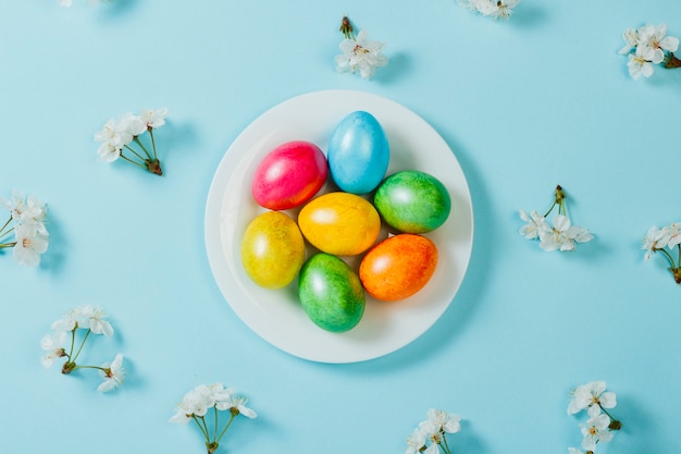 Oeufs de Pâques sur une plaque et fleurs de printemps sur fond bleu. Concept de célébrer Pâques. Mise à plat, vue de dessus