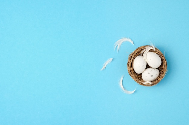 Oeufs de Pâques, plumes dans un nid sur fond bleu. Concept minimal, vue de dessus. Copiez l'espace.