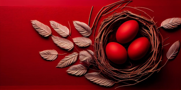 Oeufs de Pâques plumes dans un nid sur un fond en bois rouge Bannière ou affiche Le concept minimal