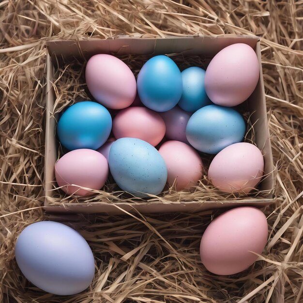 Des œufs de Pâques roses et bleus entre le foin dans une boîte.