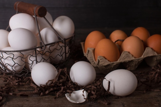 Oeufs de Pâques rustiques dans un panier Le concept des vacances de Pâques