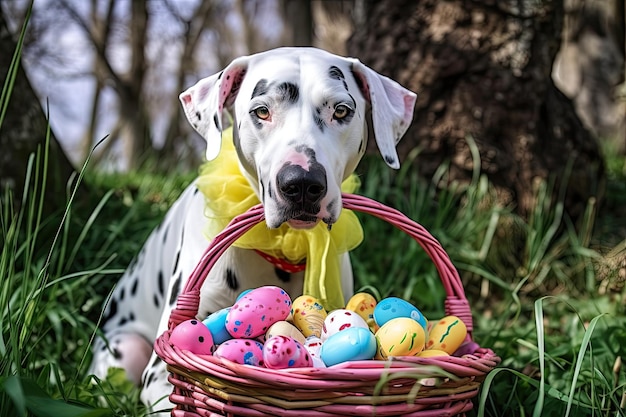 Les oeufs de pâques sont dans la bouche d'un chien dalmatien tenant un panier