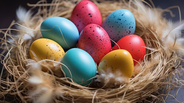 Les œufs de Pâques sont peints en couleurs vives sur une plaque d'haricots avec des plumes