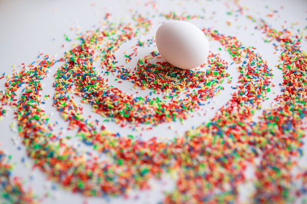 Oeufs de Pâques sur une table en bois blanche. Des fleurs et des bonbons tout autour.