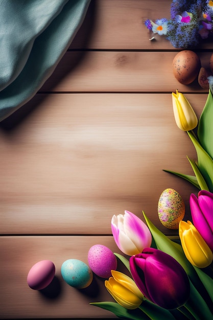 Oeufs de Pâques sur une table en bois avec un cadre d'oeufs colorés et des tulipes colorées.