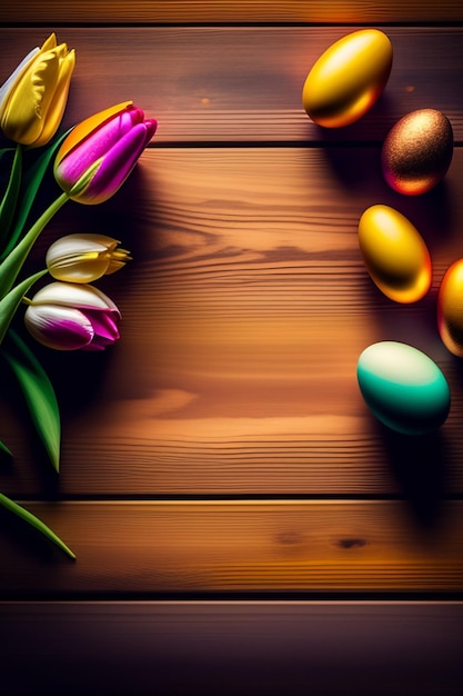 Oeufs de Pâques sur une table en bois