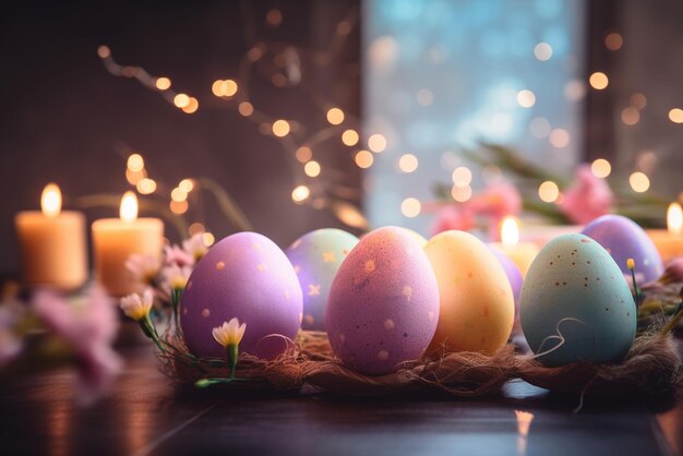 Oeufs de Pâques sur une table avec une bougie en arrière-plan