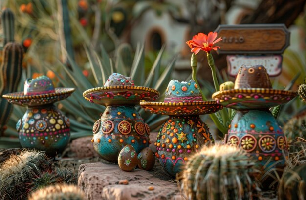 Des œufs de Pâques traditionnels et vibrants peints à la main avec un sombrero mexicain dans un cadre extérieur au milieu de cactus en fleurs