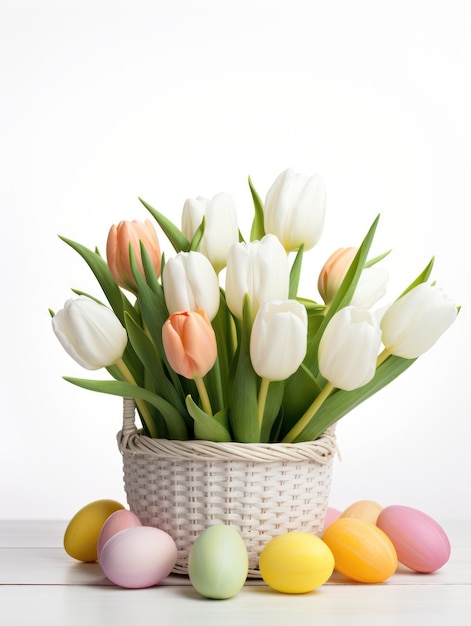 Des œufs de Pâques et des tulipes blanches dans un panier en osier sur fond blanc