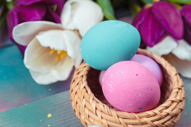 Oeufs de Pâques avec des tulipes sur bois bleu