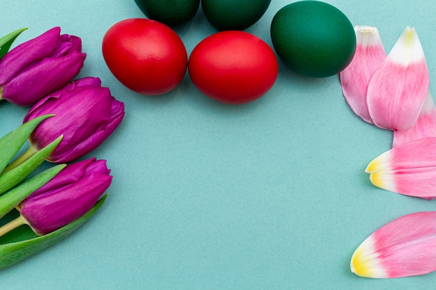 Oeufs de Pâques avec des tulipes colorées avec copie espace sur un printemps vert.