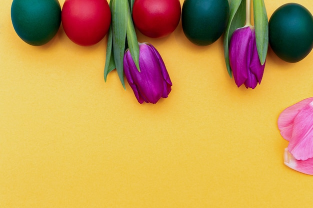 Oeufs de Pâques avec des tulipes colorées sur un ressort jaune avec copie espace.