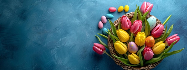 Des œufs de Pâques et des tulipes dans un panier sur fond bleu des œufs et des fleurs dans un nid printemps et Pâques