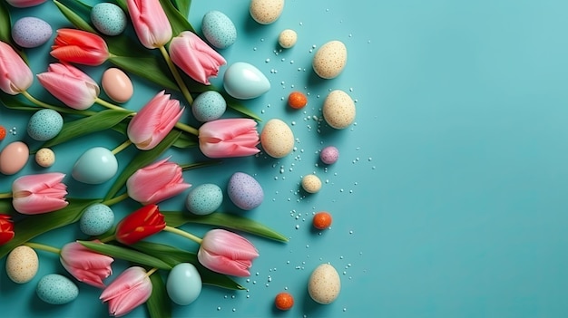 Oeufs de Pâques et tulipes roses sur fond bleu